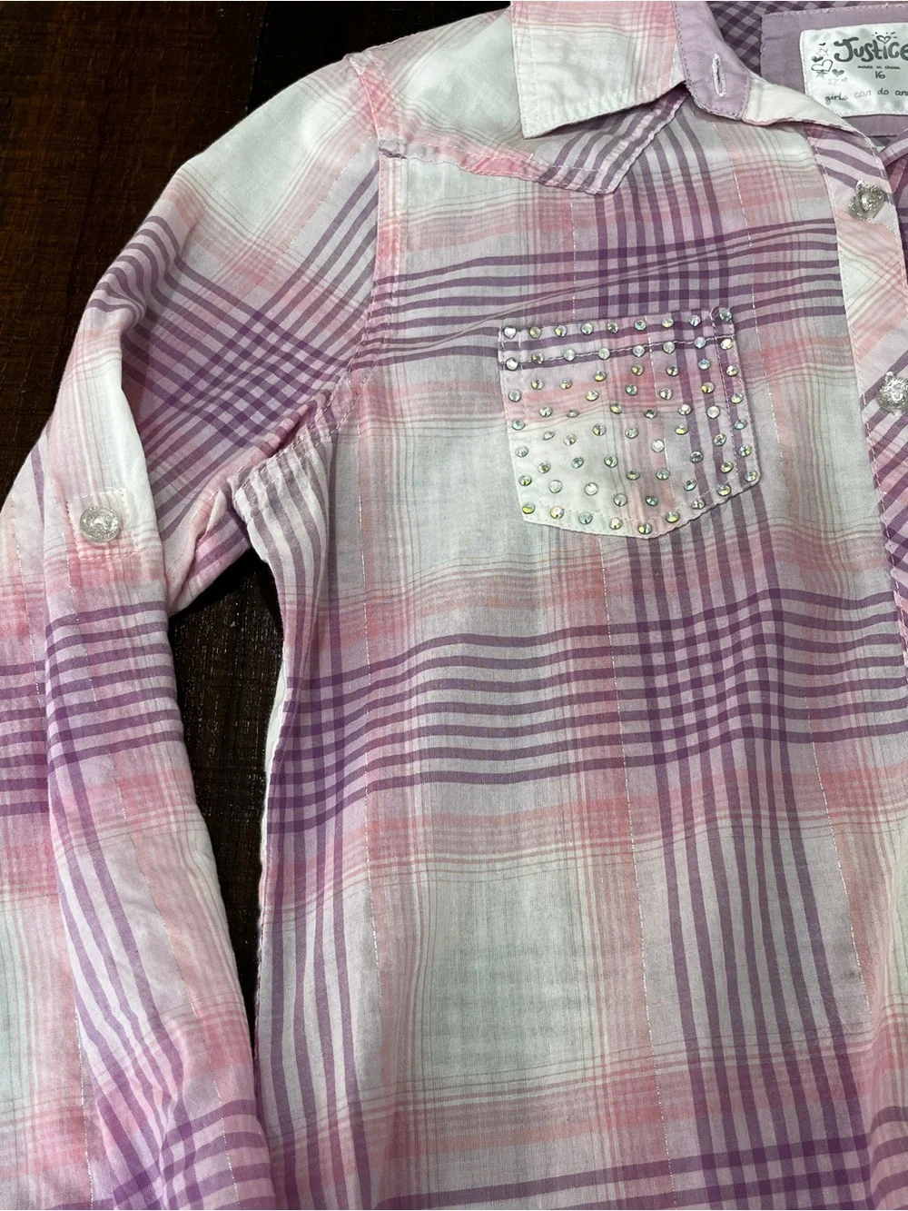 Justice Girls Plaid Button-up Shirt Y2K Stud Pockets 99%Cotton